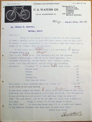 Bicycle 1898 Letterhead: F.  S.  Waters Co. ,  Cycles,  Parts,  Tandems - Chicago,  Il
