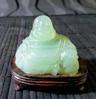 Chinese Green Jade Carved Buddha Figure Statue Wood Base