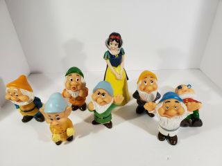 Vtg Rare Htf Disney Snow White Seven Dwarfs Rubber Squeaker Toy Figures