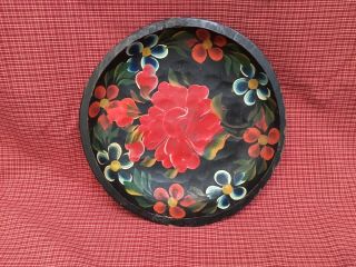 Mexican Folk Art Vintage Hand Painted Wood Batea Bowl Dish Mexico Floral 10 - 3/4”
