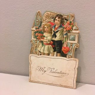 Vtg Valentine Card Pretty Little Girl Sailor Suit Edwardian Boy Germany Foldout