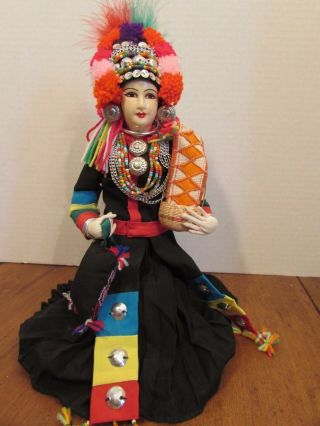 9 " Handcrafted Hilltribe Doll With Basket Of Fruit,  Pilllow Akha