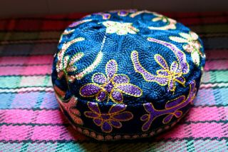 Blue Bucharian Hand Embroidered Kippah