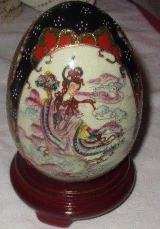 Vintage Chinese Porcelain Egg Hand Painted Lady Gold Gilt Moriage Wood Stand