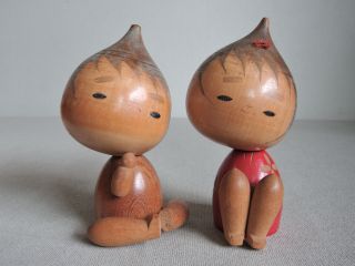 12cm (4.  7 ") Japanese Sosaku Kokeshi Pair Dolls : No Signed