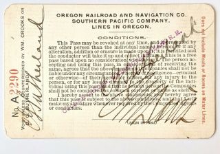 1908 Oregon Railroad and Navigation Co.  / Southern Pacific annual pass J M Davis 2
