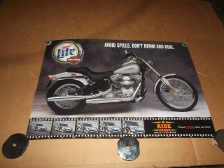 Vintage Miller Lite Harley Davidson Poster Avoid Spills Dont Drink & Ride 26x18