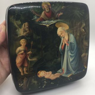 Hand Painted Russian Lacquer Box Russia Virgin Mary Baby Jesus Religious Scene