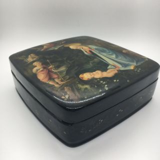 Hand Painted Russian Lacquer Box RUSSIA Virgin Mary Baby Jesus Religious Scene 6