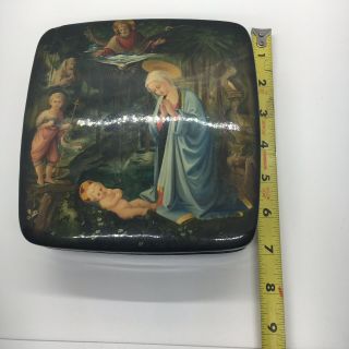 Hand Painted Russian Lacquer Box RUSSIA Virgin Mary Baby Jesus Religious Scene 7