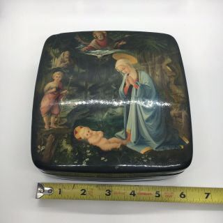 Hand Painted Russian Lacquer Box RUSSIA Virgin Mary Baby Jesus Religious Scene 8