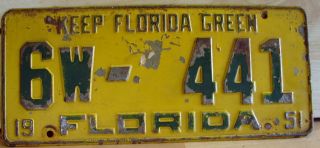 Vintage 1951 Green & Yellow Fl Florida Automobile License Plate Tag
