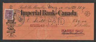 1945 Imperial Bank Of Canada Sault Ste Marie Ontario Bank Check W/ Revenue Stamp