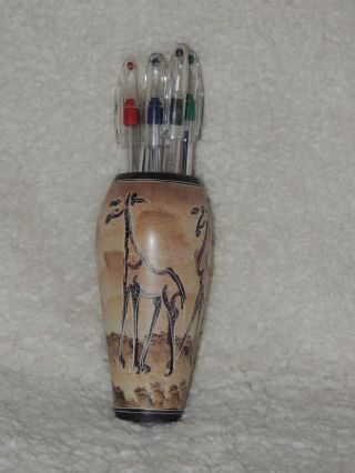 Made In Kenya Africa - Handmade Soapstone Pencil Holder With Giraffes & Tree