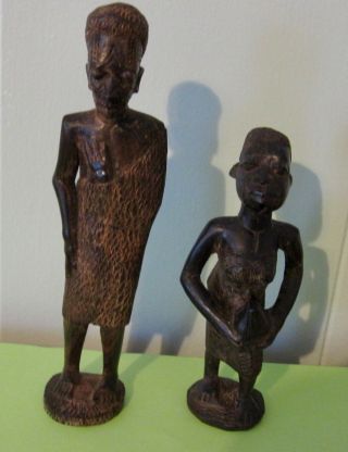 Vintage Wood African Figures Statues Hand Carved Art 8 " Male & 6 " Female