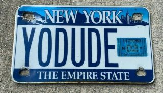 York,  Vanity Motorcycle License Plate " Yodude " (holes Enlarged,  2002 Sticker)