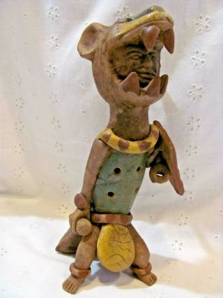 Mexican Folk Art Mayan Aztec Terracotta Clay Pottery Whistle Flute Figure