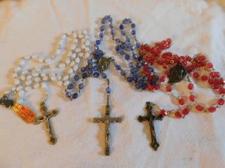 Vintage Set Of 3 Rosaries Red,  Blue And White Beads Made In Italy