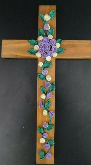 Vintage Cross From The Holy Land Made From Olive Wood With Flowers Decoration