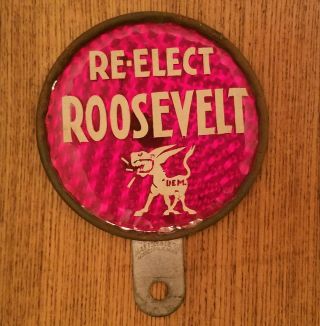 Vintage Re - Elect Roosevelt Reflective License Plate Topper W/ Donkey 3.  25 " Diam