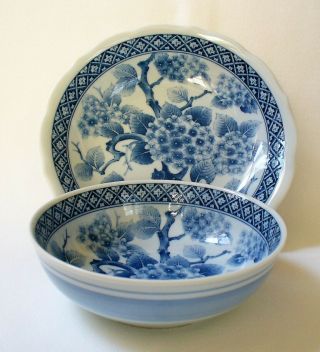 2 Japanese Cobalt Blue & White 8 " Soup 6 " Rice Bowl Hydrangea Porcelain Asian Ec