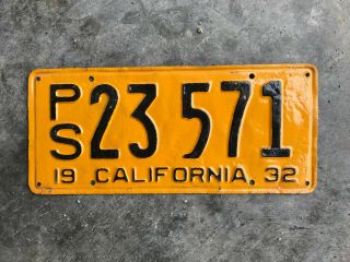 1932 California License Plate Ps 23571 Public Service
