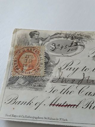 1866 Canceled Bank Check Plymouth Bank - Bulls Eye Cancel On Tied Revenue Stamp