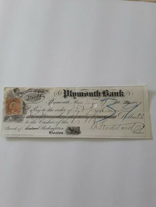 1866 Canceled Bank Check Plymouth Bank - Bulls Eye Cancel on tied Revenue Stamp 2
