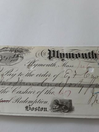 1866 Canceled Bank Check Plymouth Bank - Bulls Eye Cancel on tied Revenue Stamp 3