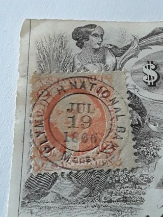 1866 Canceled Bank Check Plymouth Bank - Bulls Eye Cancel on tied Revenue Stamp 5