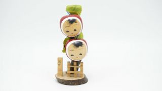 Japanses Doll Kokeshi Red Apple 2 Head Wood Tree Signed Cute Miniature Painted