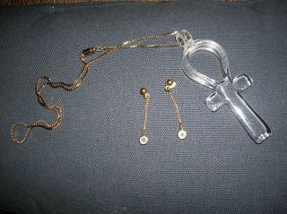 Vintage Quaint Clear Shimmer Glass Cross Pendant Necklace/earrings -
