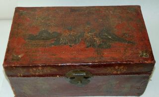 Antique Chinese Small Trunk Red Lacquer Hand Painted Leather Box