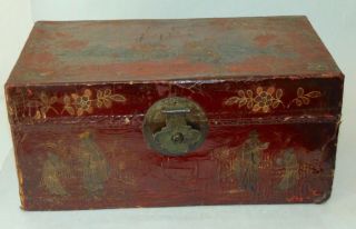 ANTIQUE CHINESE Small Trunk RED LACQUER Hand Painted LEATHER Box 2