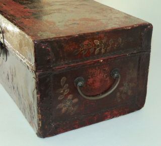 ANTIQUE CHINESE Small Trunk RED LACQUER Hand Painted LEATHER Box 3
