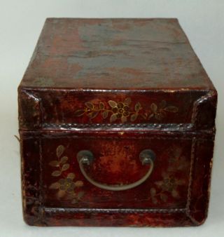 ANTIQUE CHINESE Small Trunk RED LACQUER Hand Painted LEATHER Box 4