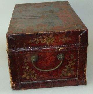 ANTIQUE CHINESE Small Trunk RED LACQUER Hand Painted LEATHER Box 5