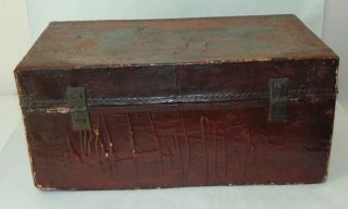 ANTIQUE CHINESE Small Trunk RED LACQUER Hand Painted LEATHER Box 6