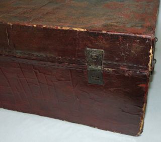 ANTIQUE CHINESE Small Trunk RED LACQUER Hand Painted LEATHER Box 7