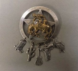 Vintage Cowboy & Bucking Bronco Horse Brooch Pin Western Jewelry Charms Rodeo