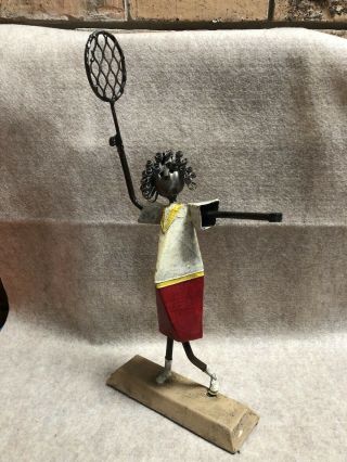 Signed Felguerez Metal Sculpture Mexican Folk Art Tennis Player Female