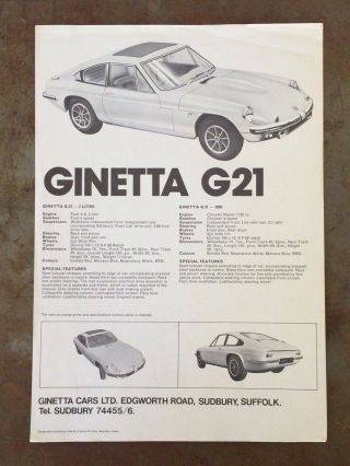 Ginetta G21 G.  21 3 Litre Ford V.  6 / Chrysler Rapier 1725cc,  Dealership Brochure