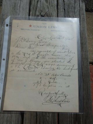 Vtg 1904 Union Line Pennsylvania Rr Co L Master Beer Hand - Written Letterhead