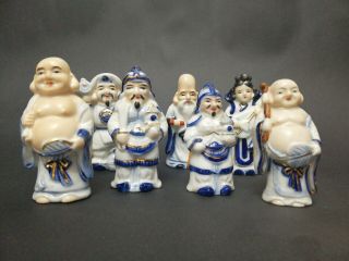 Vintage Japanese Willow Blue White Porcelain Buddha Warrior Figurine Set Of 7