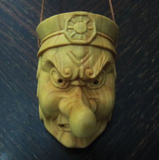 - 6 5.  2 4 Cm Hand Carved Boxwood Carving Netsuke :tengu Monster Devil Mask