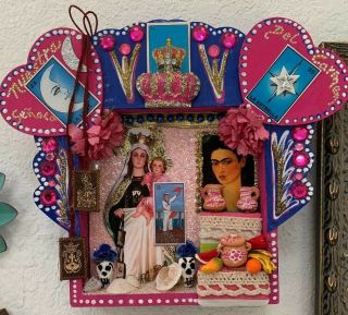Frida Kahlo Art Mexican Shrine Shadow Box Nicho Kitsch Folk Art 3d Diorama 6’x6’