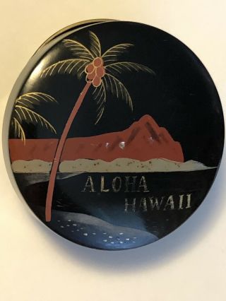 Vintage Mid Century Black Lacquer Aloha Hawaii 6 Coaster Set And Container Tiki