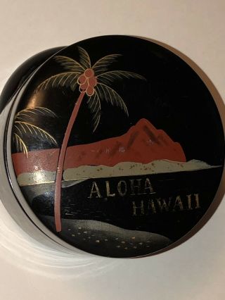 Vintage Mid Century Black Lacquer Aloha Hawaii 6 Coaster Set And Container Tiki 2