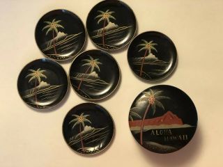 Vintage Mid Century Black Lacquer Aloha Hawaii 6 Coaster Set And Container Tiki 4