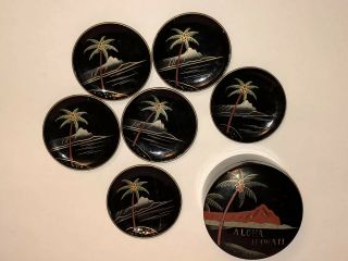 Vintage Mid Century Black Lacquer Aloha Hawaii 6 Coaster Set And Container Tiki 5